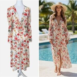 Boho Floral Kimono Duster Resort Cover-Up Open Front w/Tie Beach M Ember